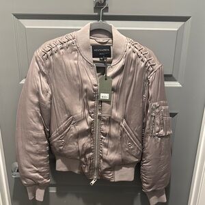 All Saints Gray Bomber Jacket with Ribbed Details